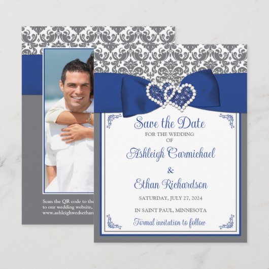 Blauw, Grijs, Wit Liefdesharten Foto Save the Date (Voorkant / Achterkant)