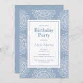 Blauw Grijs & Wit Mandala Bloem Verjaardagsfeest Kaart (Voorkant / Achterkant)