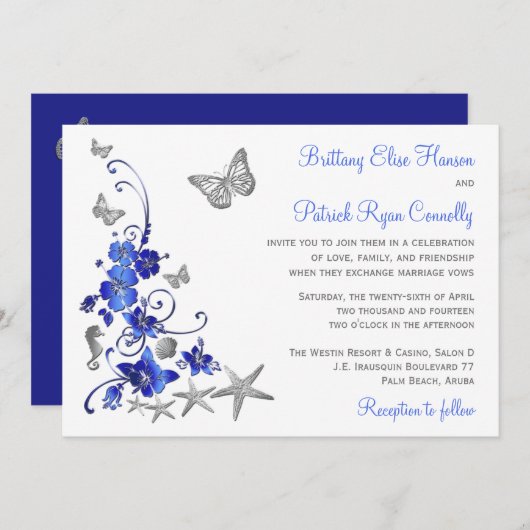 Blauw, Grijs, Wit Tropisch Strand Bruiloft Uitnodi Kaart (Voorkant / Achterkant)