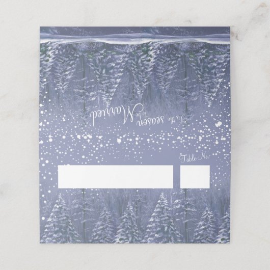 Blauw grijs wit winter pijnbomen bruiloft escort plaatskaartje (Buitenkant ongevouwen)