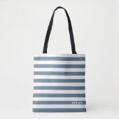 Blauw Grijs Witte Cabana Strepen Gepersonaliseerde Tote Bag (Voorkant)