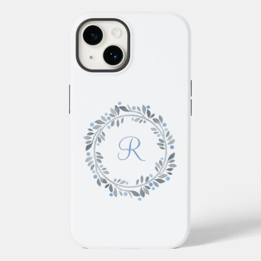 Blauw Grijs Witte Monogram Bloemenkrans Case-Mate iPhone Case (Achterkant)