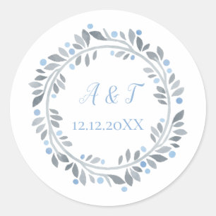 Blauw Grijs Witte Monogram Bloemige Bruiloft  Ronde Sticker