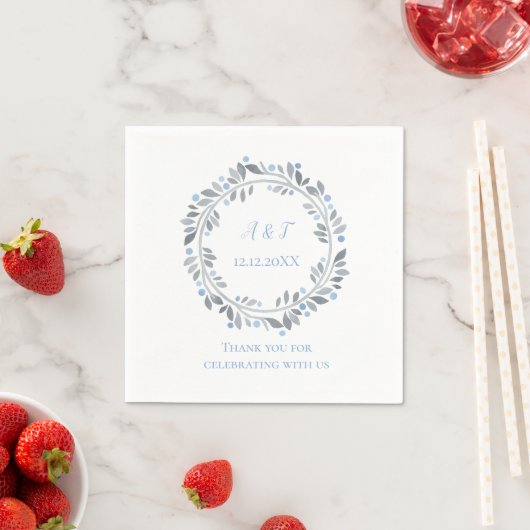 Blauw Grijs Witte Monogram Bloemige Bruiloft  Servet (Insitu)