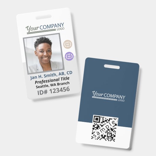 Blauw-grijs Witte Personeelsfoto ID, Logo & QR-cod Badge (Voor- en achterkant)