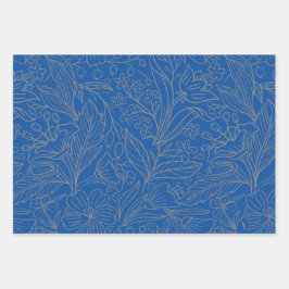 Blauw Grijs Zilver Modern Floral Wrapping Paper