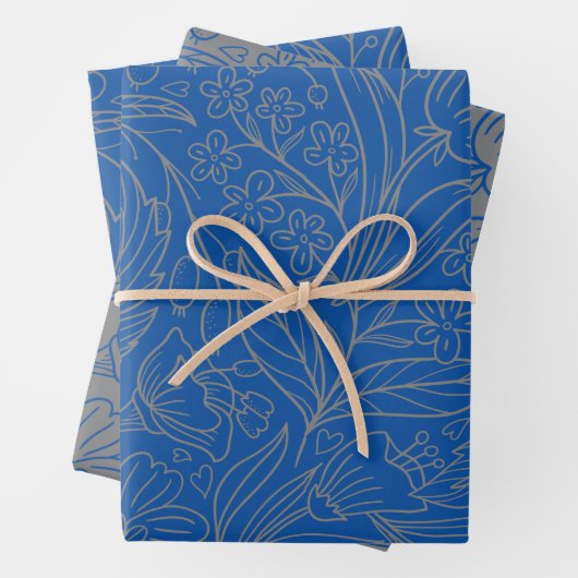 Blauw Grijs Zilver Modern Floral Wrapping Paper (In situ)