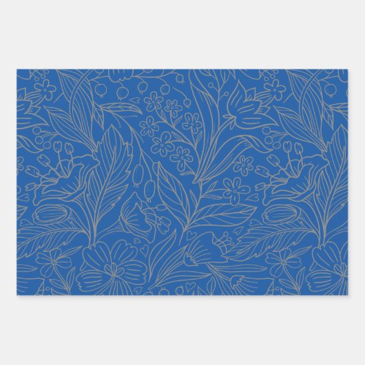 Blauw Grijs Zilver Modern Floral Wrapping Paper (Voorkant 3)