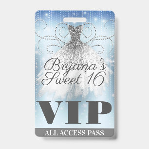 Blauw Grijs Zilveren Glitter Jurk Sweet 16 VIP Pas Badge