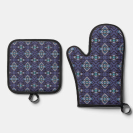 Blauw Grijs Zuidwestelijk Diamantpatroon Ovenwant & Pannenlap Set