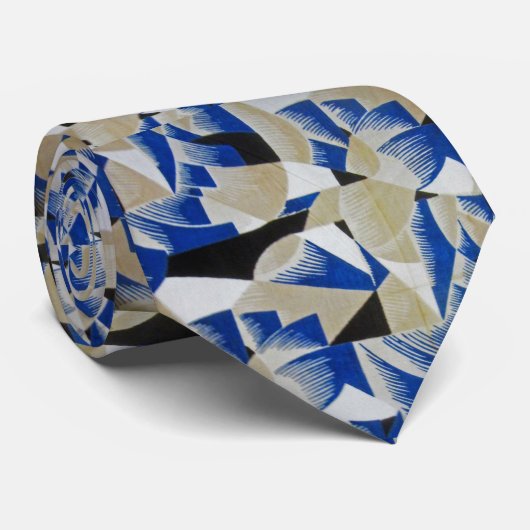 Blauw / grijs / zwart 1920s Deco-textielontwerp Stropdas (Opgerold)