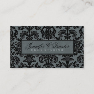 Blauw-grijs & zwart Elegant  Bloemen Damast Visitekaartje