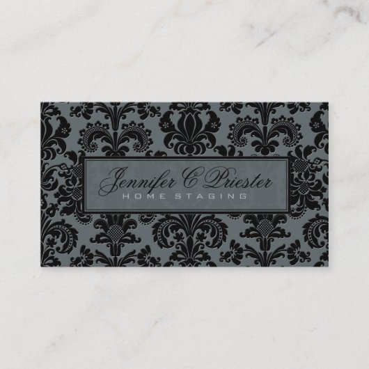 Blauw-grijs & zwart Elegant  Bloemen Damast Visitekaartje (Voorkant)