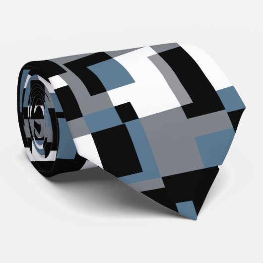 Blauw, Grijs, Zwart en Wit Abstract Patroon Stropdas (Opgerold)