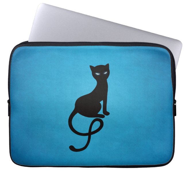 Blauw grijs zwarte kat laptop sleeve (Voorkant)