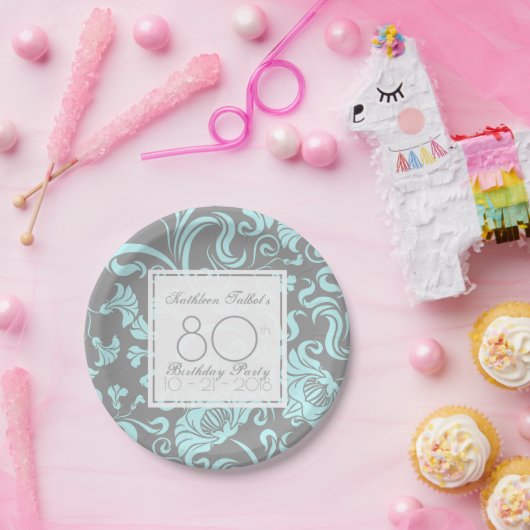 Blauw grijze Floral 80e verjaardag Bord papier (Feest)