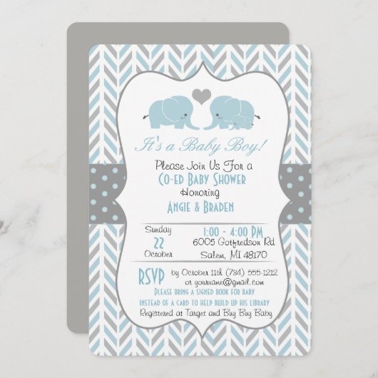 Blauw Grijze Olifant Baby Shower Uitnodiging (Voorkant / Achterkant)