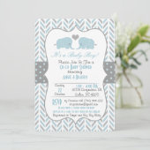 Blauw Grijze Olifant Baby Shower Uitnodiging (Staand voorkant)