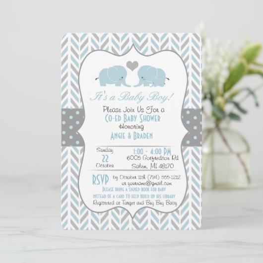 Blauw Grijze Olifant Baby Shower Uitnodiging (Staand voorkant)