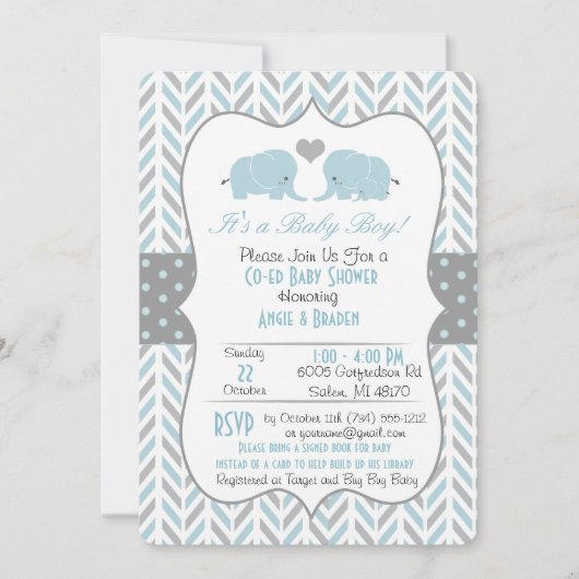 Blauw Grijze Olifant Baby Shower Uitnodiging (Voorkant)