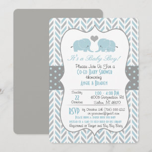 Blauw Grijze Olifant Baby Shower Uitnodiging