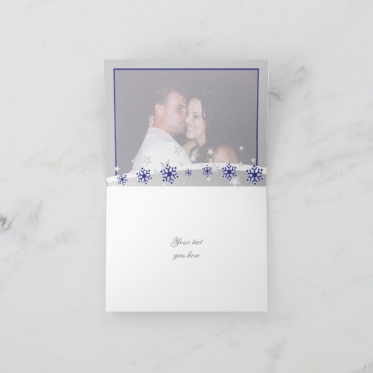 Blauw, grijze sneeuwvlok trouw Dank je foto Bedankkaart (Binnen)