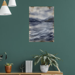 Blauw Grijze Sombere Stormachtige Zeegezicht Oceaa Poster