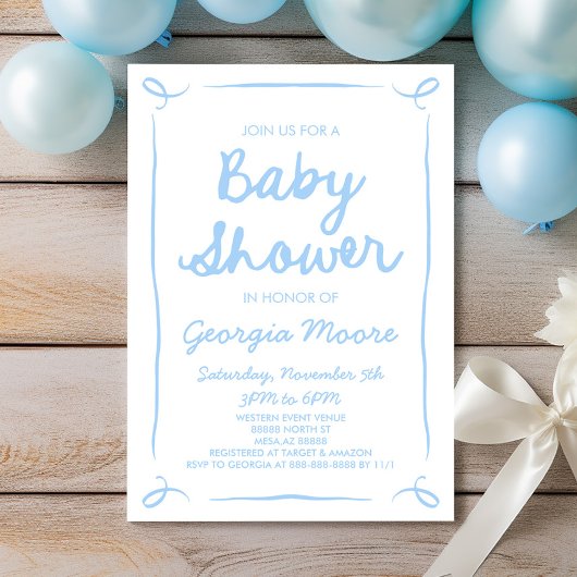 Blauw grillig handgetekende Baby shower Kaart