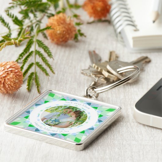 Blauw Groen 4e Bruiloft Jubileum Keepsake Gift Sleutelhanger (Zijkant)