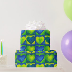 Blauw Groen Abstract Geschilderde Waterverf Harten Cadeaupapier