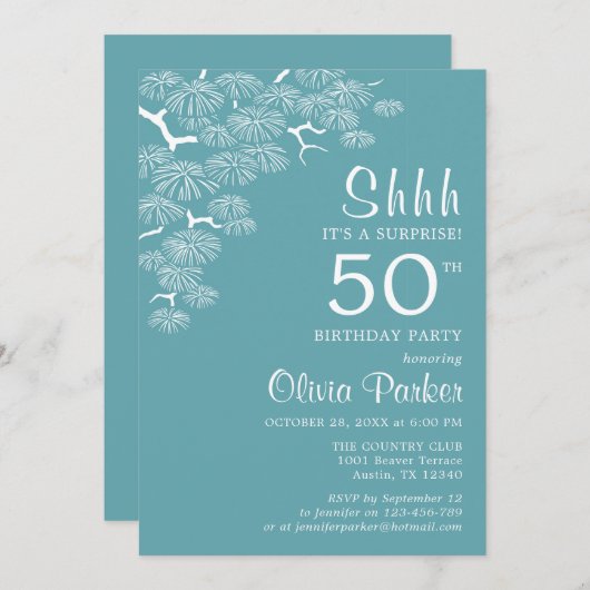 Blauw Groen Aqua Pine Tak Verrassing 50ste Verjaar Kaart (Voorkant / Achterkant)