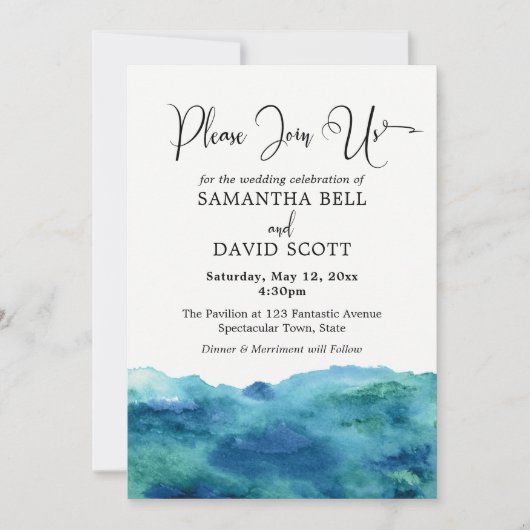 Blauw Groen Aqua Waterverf Modern Bruiloft 1b Kaart (Voorkant)