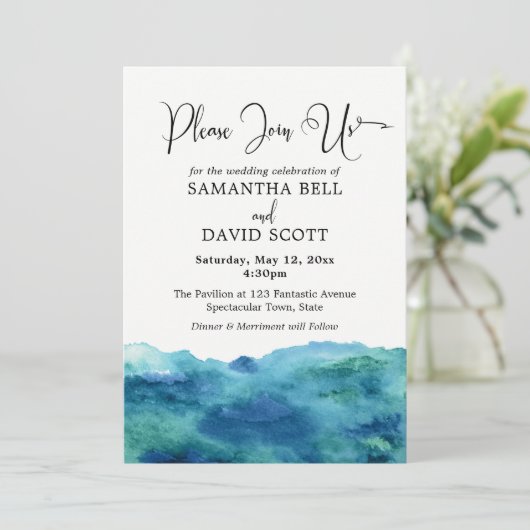 Blauw Groen Aqua Waterverf Modern Bruiloft 1b Kaart (Staand voorkant)