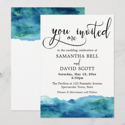 Blauw Groen Aqua Waterverf Modern Bruiloft 2b Kaart (Voorkant / Achterkant)
