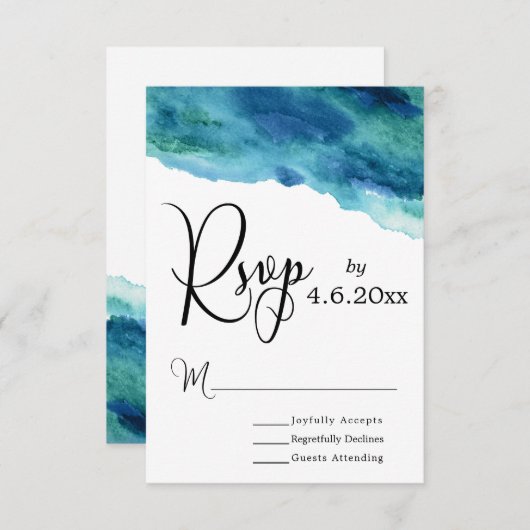 Blauw Groen Aqua Waterverf Modern Bruiloft RSVP 1 (Voorkant / Achterkant)