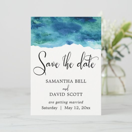 Blauw Groen Aqua Waterverf Modern Save the Date 1 (Staand voorkant)
