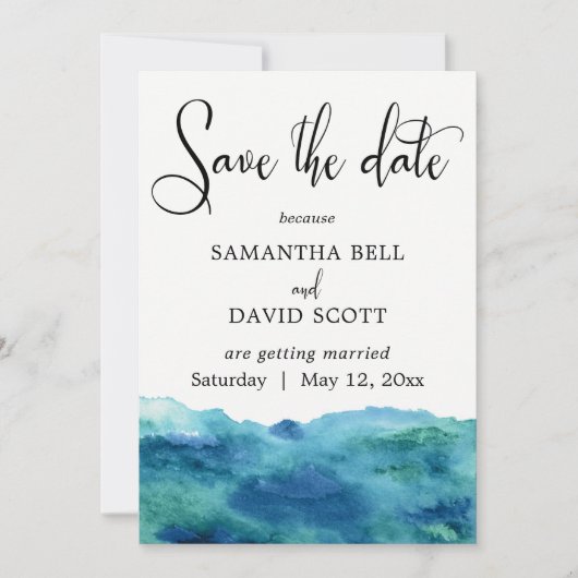 Blauw Groen Aqua Waterverf Modern Save the Date 1b Kaart (Voorkant)