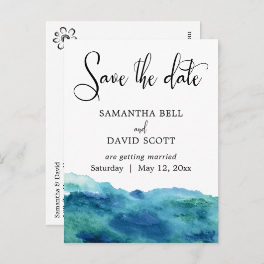 Blauw Groen Aqua Waterverf Modern Save the Date 2 Aankondigingskaart (Voorkant / Achterkant)