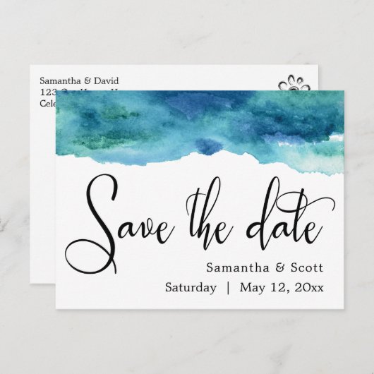 Blauw Groen Aqua Waterverf Modern Save the Date 3 Aankondigingskaart (Voorkant / Achterkant)