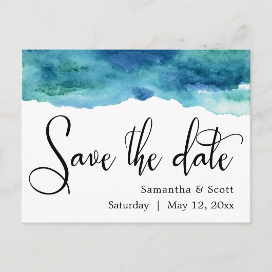 Blauw Groen Aqua Waterverf Modern Save the Date 3 Aankondigingskaart (Voorkant)