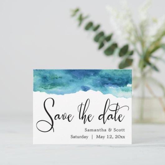 Blauw Groen Aqua Waterverf Modern Save the Date 3 Aankondigingskaart (Staand voorkant)