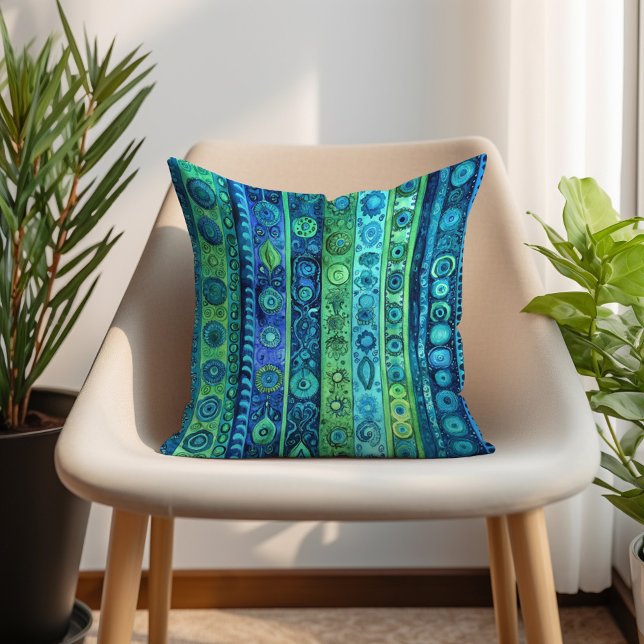 Blauw Groen Artistiek Boho Gestreept Kussen (Blue Green Artistic Boho Striped Throw Pillow)