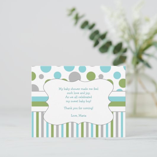 Blauw Groen Baby shower Dank u opmerking w/gedicht Briefkaart (Staand voorkant)