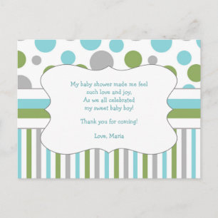 Blauw Groen Baby shower Dank u opmerking w/gedicht Briefkaart