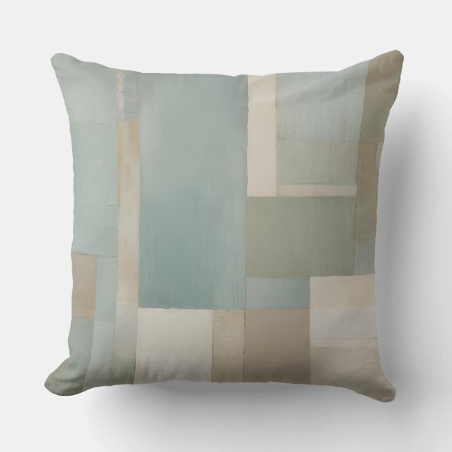Blauw Groen Beige Tan Kleur Block Print Kussen (Voorkant)