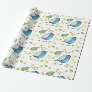 Blauw & Groen Birdie Waterverf inpakpapier