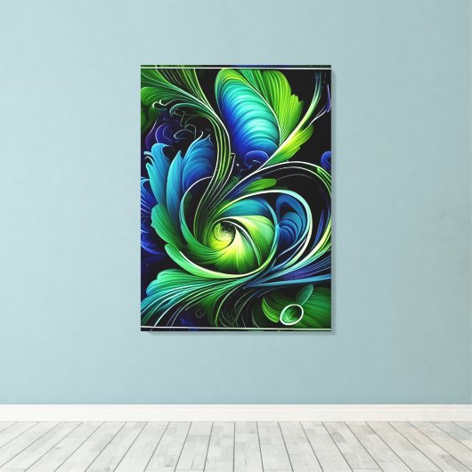 Blauw groen blad abstract canvas afdruk (Insitu (Houten vloer))