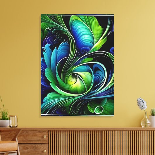 Blauw groen blad abstract canvas afdruk (Insitu (Woonkamer))