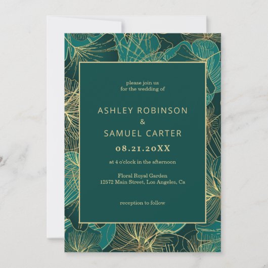Blauw groen blad met gouden bruiloft uitnodiging (Voorkant)