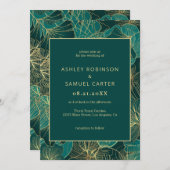 Blauw groen blad met gouden bruiloft uitnodiging (Voorkant / Achterkant)